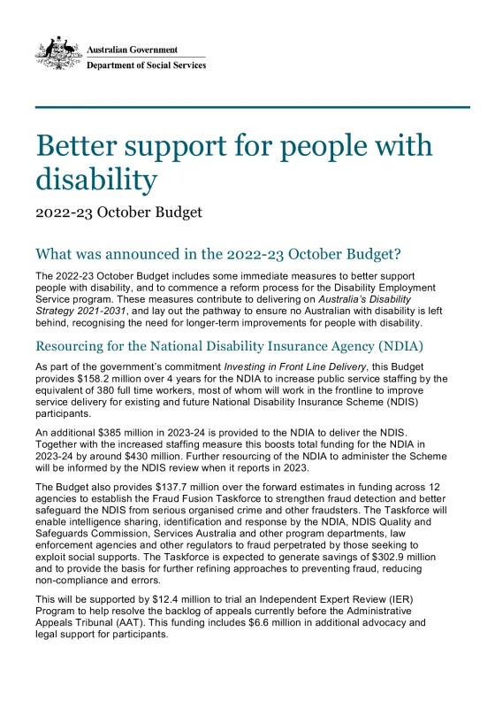 Better support for people with disability cover page