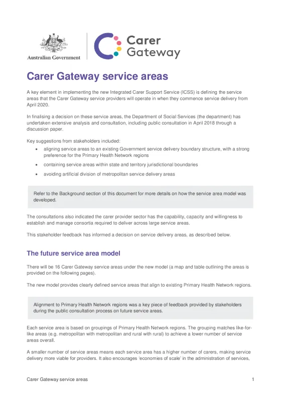 Carer Gateway service areas cover page