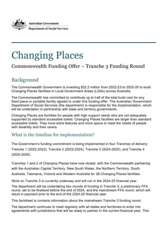 Changing Places – Commonwealth Funding Offer – Tranche 3 Funding Round cover page