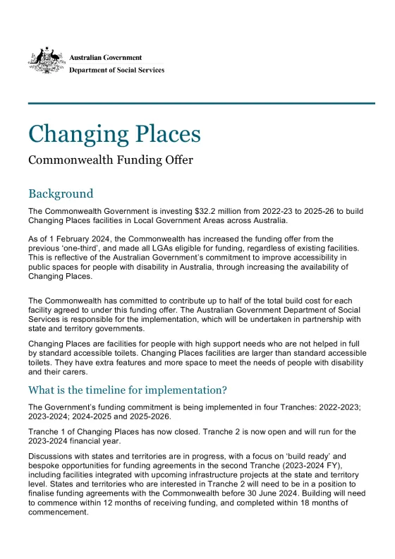 Changing Places Commonwealth Funding Offer – Fact sheet cover page