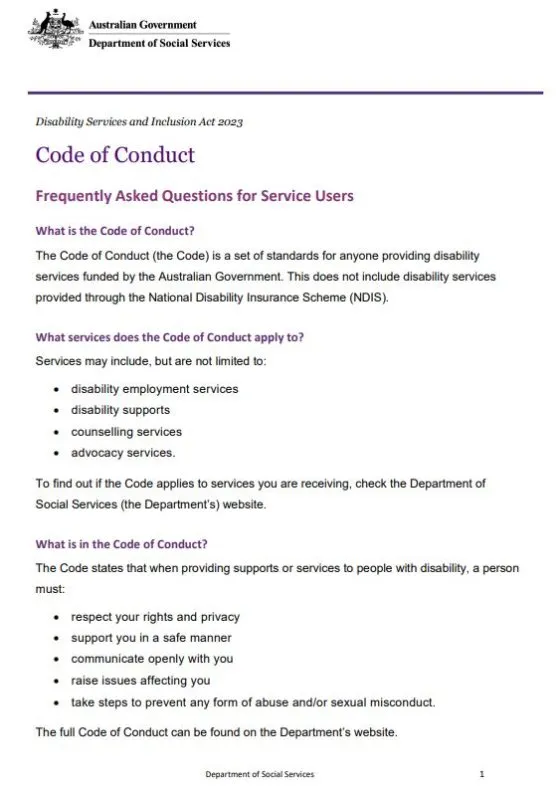 Code of Conduct Frequently Asked Questions for service users cover page