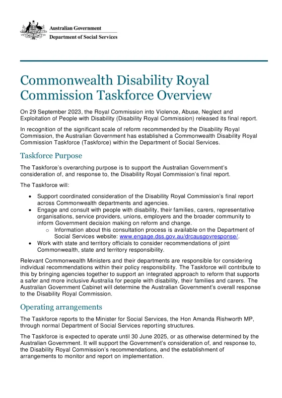 Commonwealth Disability Royal Commission Taskforce Overview