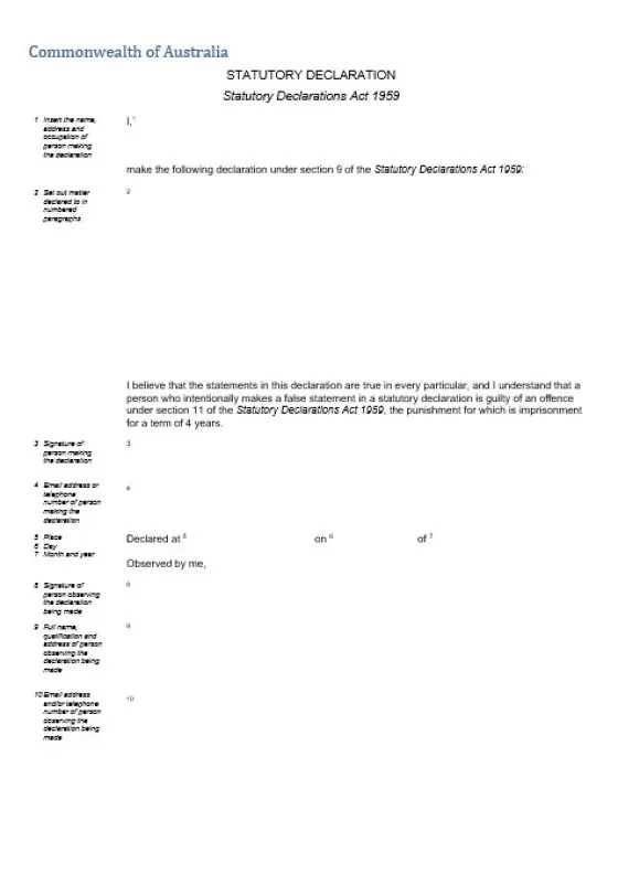Statutory Declaration cover page