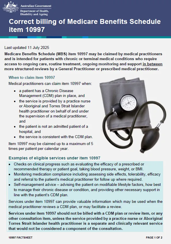 Correct billing of Medicare Benefits Schedule (MBS) item 10997 Cover page