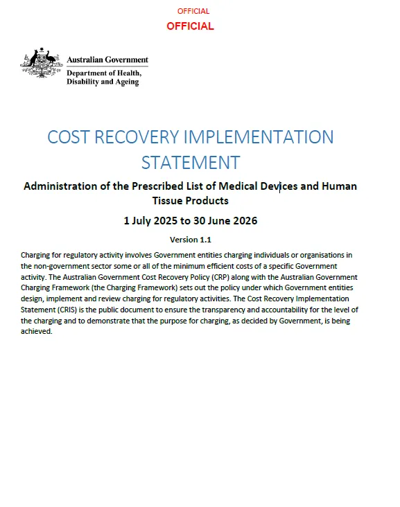 Cover page for the CRIS from the 1 July 2025 to 30 June 2026