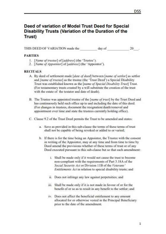 Deed of Variation of Special Disability Trust deed – Duration of Trust cover page