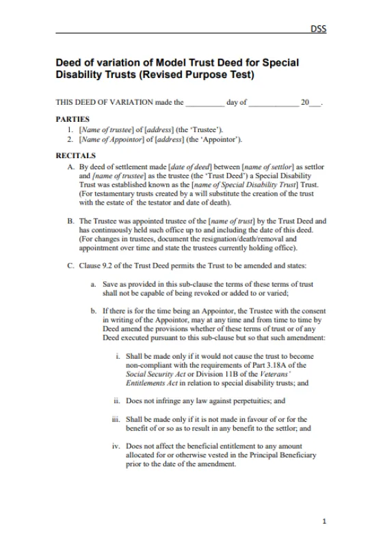 Deed of Variation of Special Disability Trust deed – Revised Purpose Test