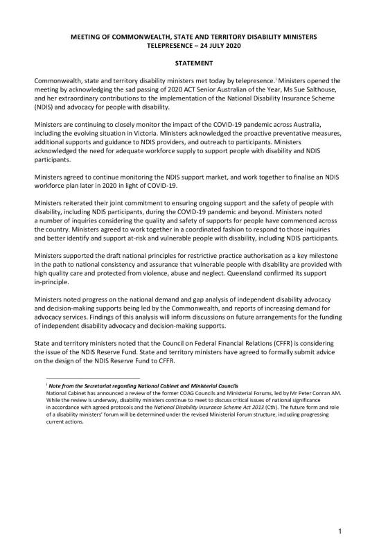 Disability Ministers Meeting communique – 24 July 2020