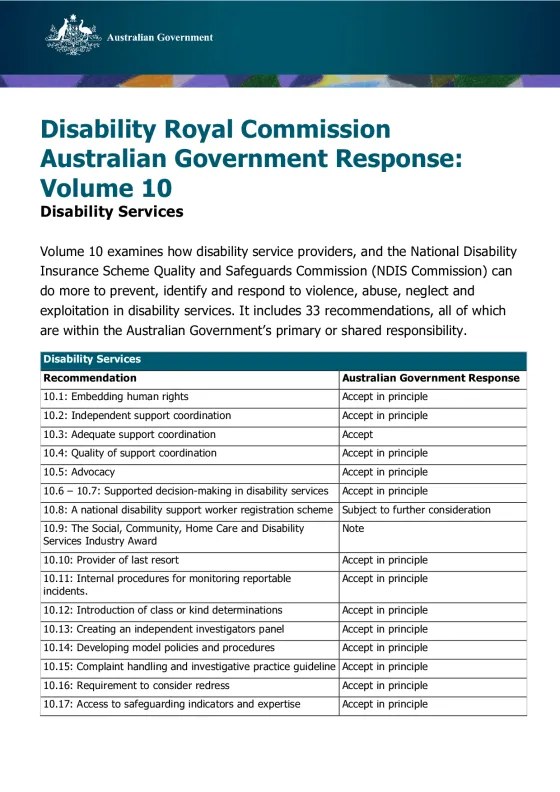 Disability Royal Commission Australian Government Response: Volume 10 – Disability Services cover page