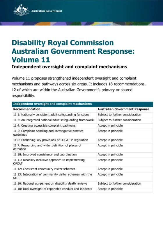 Disability Royal Commission Australian Government Response: Volume 11 – Independent oversight and complaint mechanisms cover image