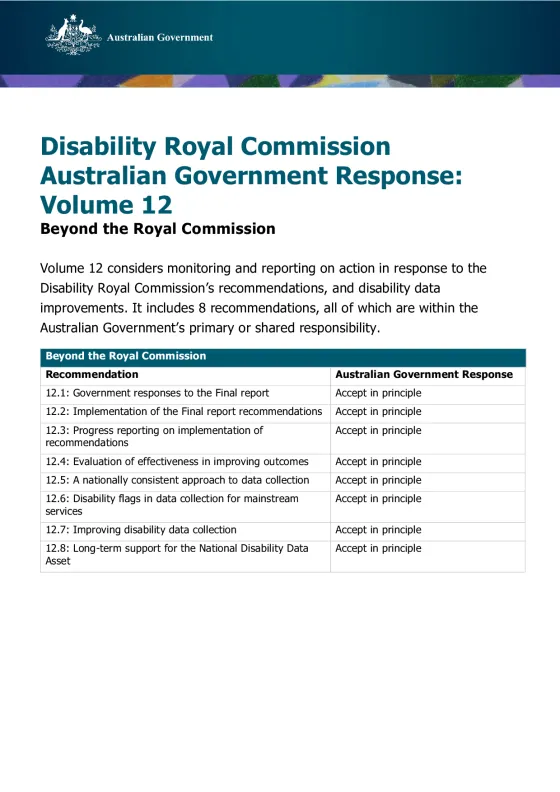 Disability Royal Commission Australian Government Response: Volume 12 – Beyond the Royal Commission cover page