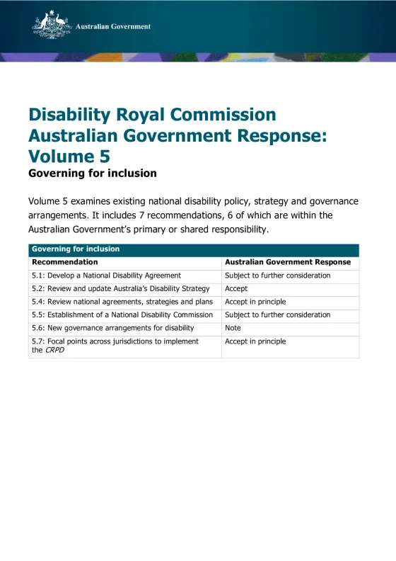 Disability Royal Commission Australian Government Response: Volume 5 – Governing for inclusion cover page
