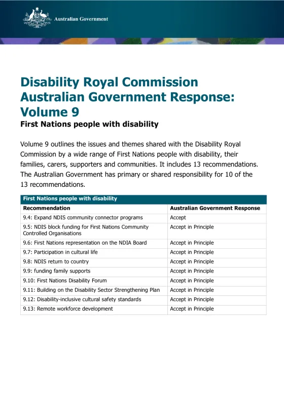 Disability Royal Commission Australian Government Response: Volume 9 – First Nations people with disability cover page