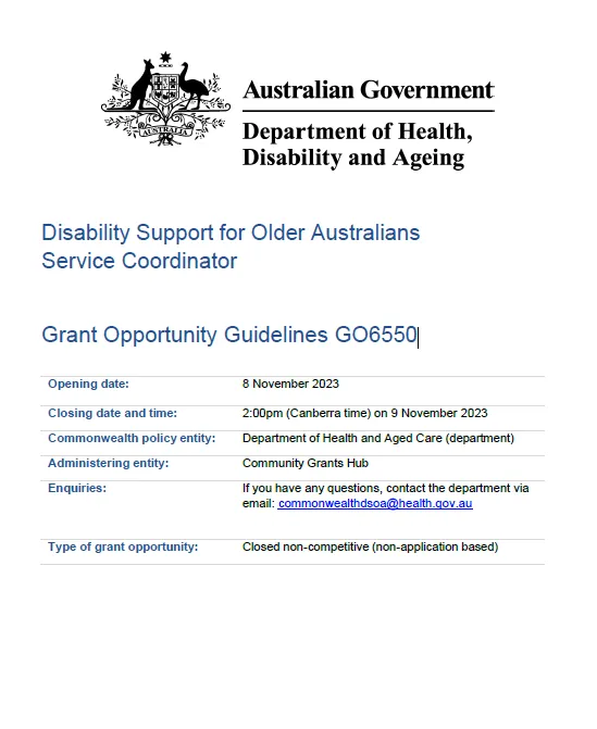 Disability Support for Older Australians Program – Service coordinator grant opportunity guidelines (GO6550) cover page