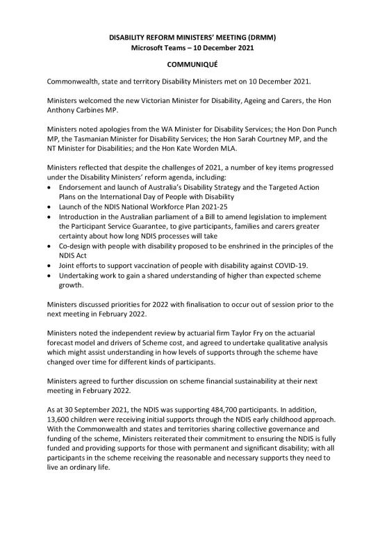 Disability Reform Ministers’ Meeting (DRMM) – Communique 10 December 2021 cover page