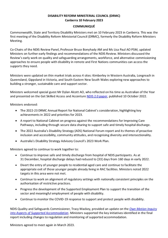 Disability Reform Ministers’ Meeting (DRMM) communique – 10 February 2023 cover page