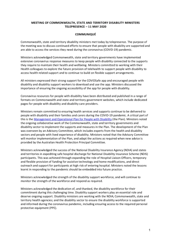 Disability Reform Ministers’ Meeting (DRMM) communique – 11 May 2020 cover page