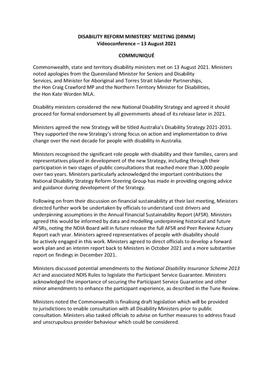 Disability Reform Ministers’ Meeting (DRMM) communique – 13 August 2021 cover page