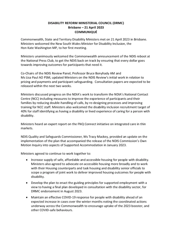 Disability Reform Ministers’ Meeting (DRMM) communique – 21 April 2023 cover page