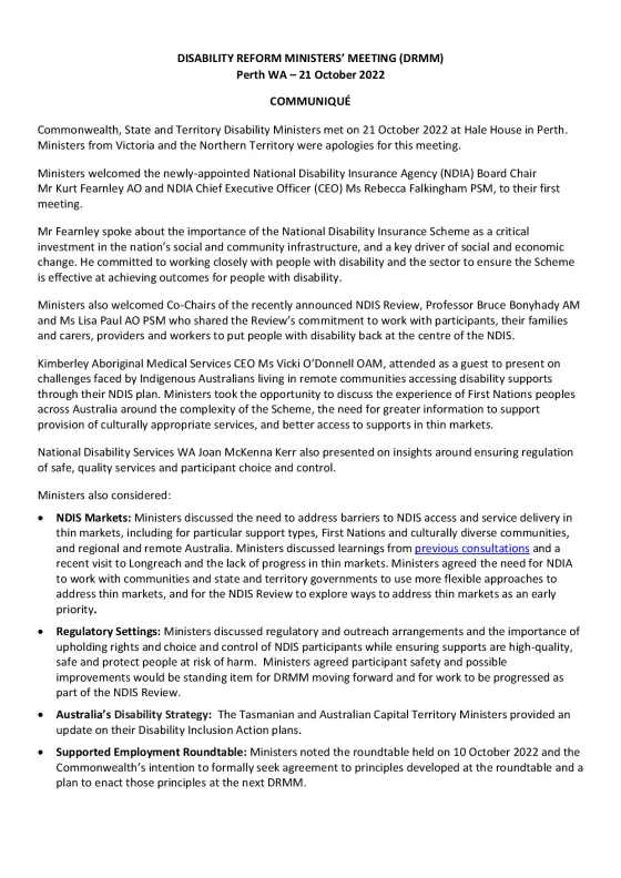 Disability Reform Ministers’ Meeting (DRMM) communique – 21 October 2022 cover page