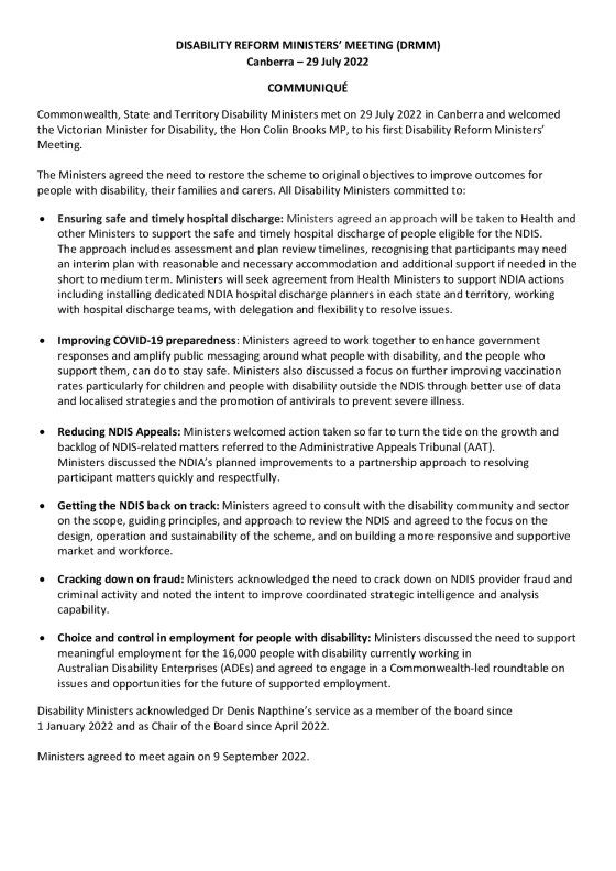 Disability Reform Ministers’ Meeting (DRMM) communique – 29 July 2022 cover page