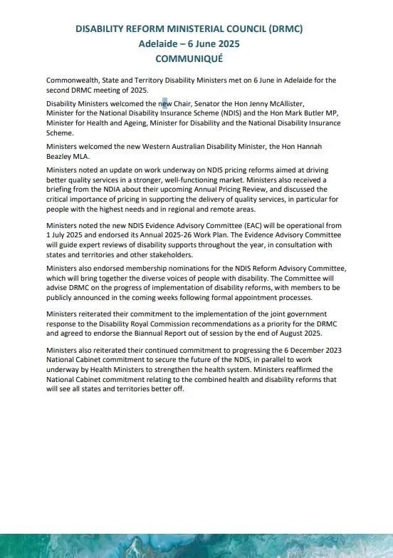 Disability Reform Ministerial Council communique 6 June 2025 cover image