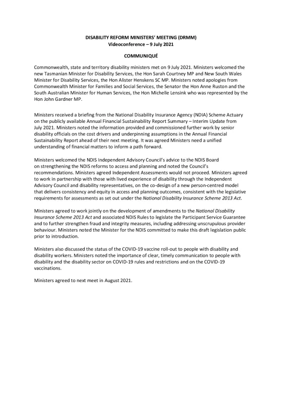 Disability Reform Ministers’ Meeting (DRMM) communique – 9 July 2021 cover page