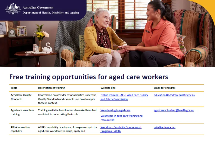 Cover page for the Free training opportunities for aged care workers (July update)