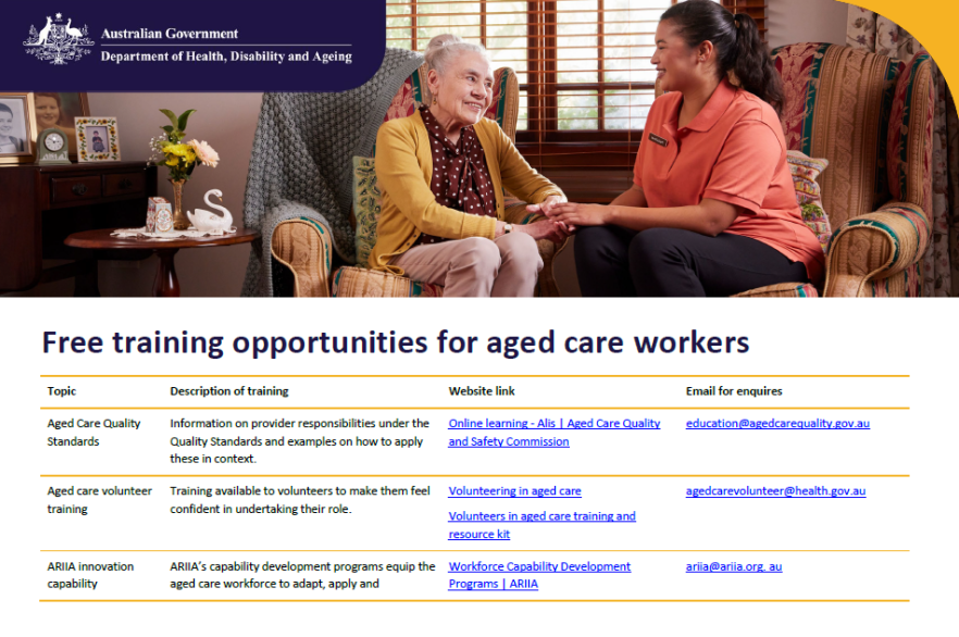 Cover page for the Free training opportunities for aged care workers (July update)