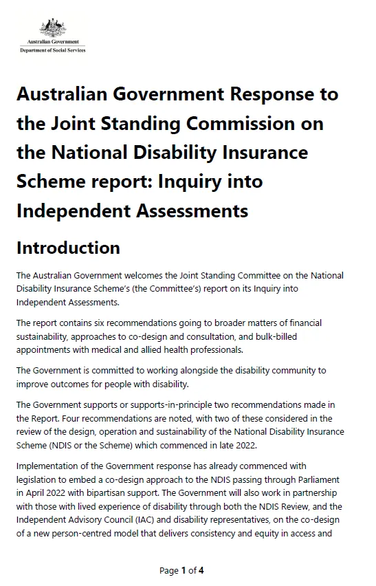 Government response to inquiry – Joint Standing Commission on the NDIS report: Inquiry into Independent Assessments cover page