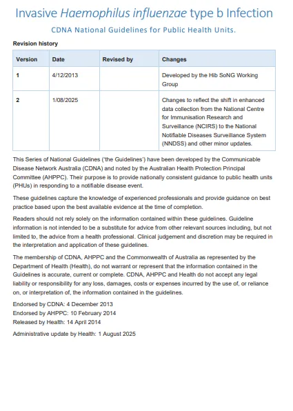 Cover page for the Haemophilus influenzae type b invasive infection