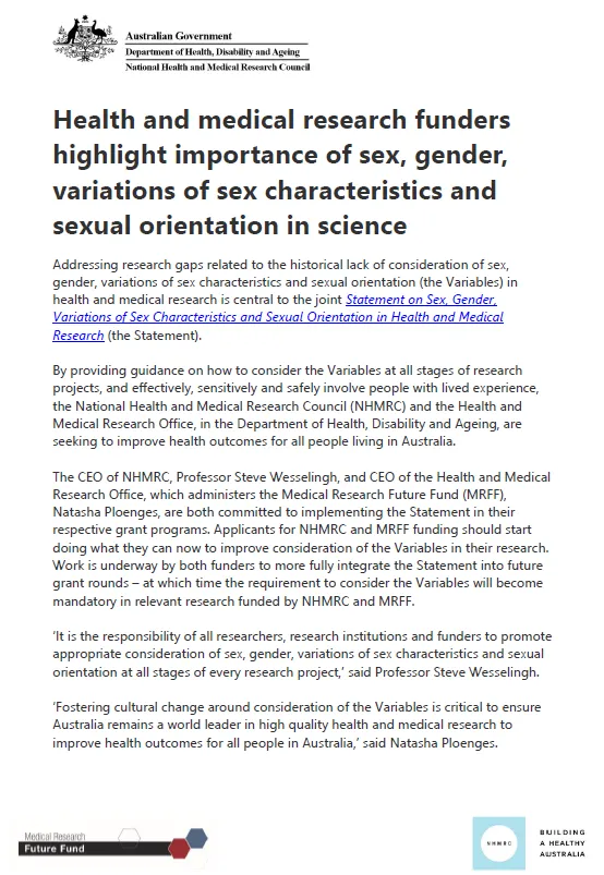 Cover page for Health and medical research funders highlight importance of sex, gender, variations of sex characteristics and sexual orientation in science