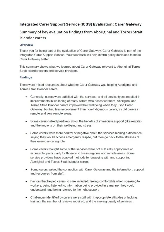 ICSS Evaluation: Carer Gateway Participant Results Summary from Aboriginal and/or Torres Strait Islander carers cover page