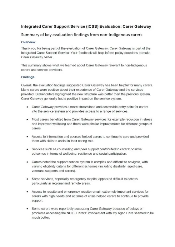 ICSS Evaluation: Carer Gateway Participant Results Summary from non-Indigenous carers cover page