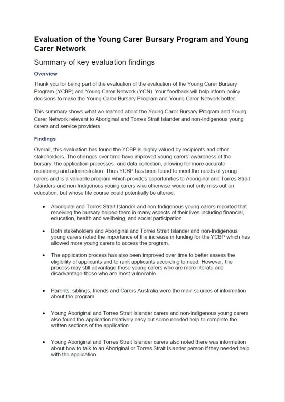 ICSS Evaluation: Young Carer Bursary Program and Young Carer Network Participant Results Summary cover page