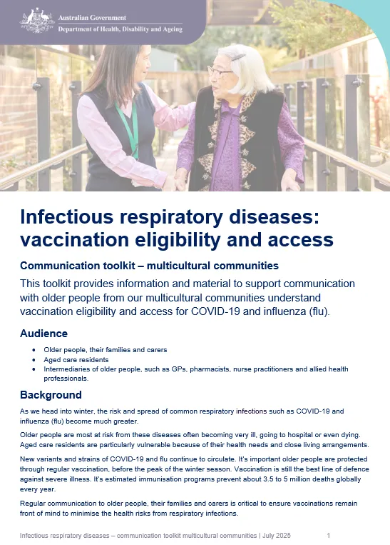 Infectious respiratory disease: prepare and prevent for older people for multicultural communities cover page