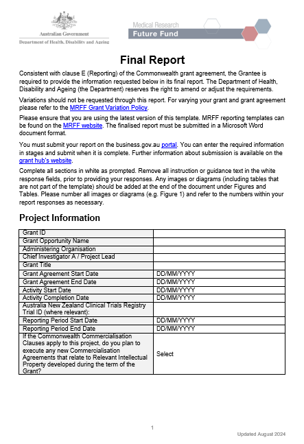 MRFF final report template – BGH-administered grants cover page