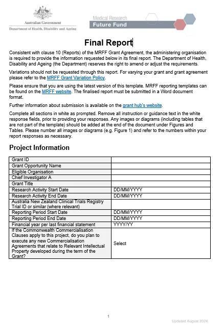 MRFF final report template – NHMRC-administered grants cover page