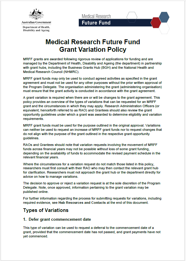 Thumbnail image of MRFF grant variation policy