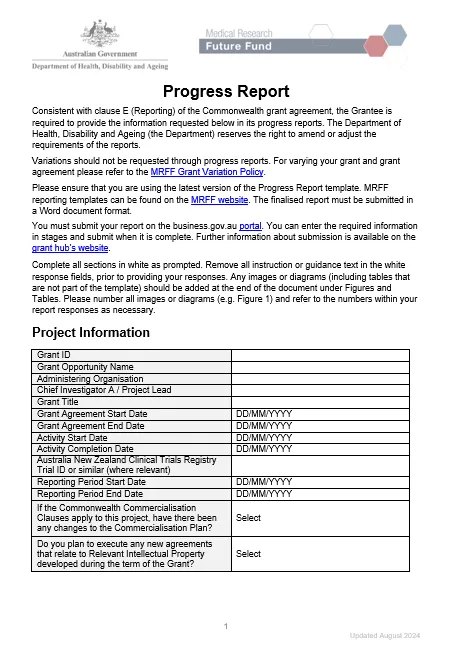 MRFF progress report template – BGH-administered grants cover page