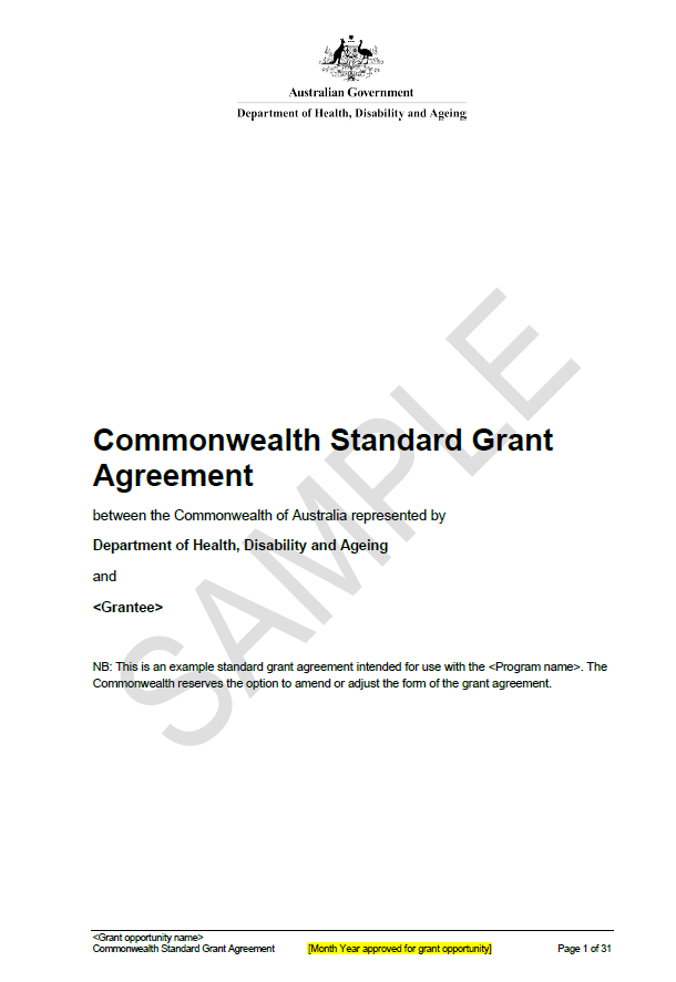 MRFF sample grant agreement – BGH-administered grants cover page