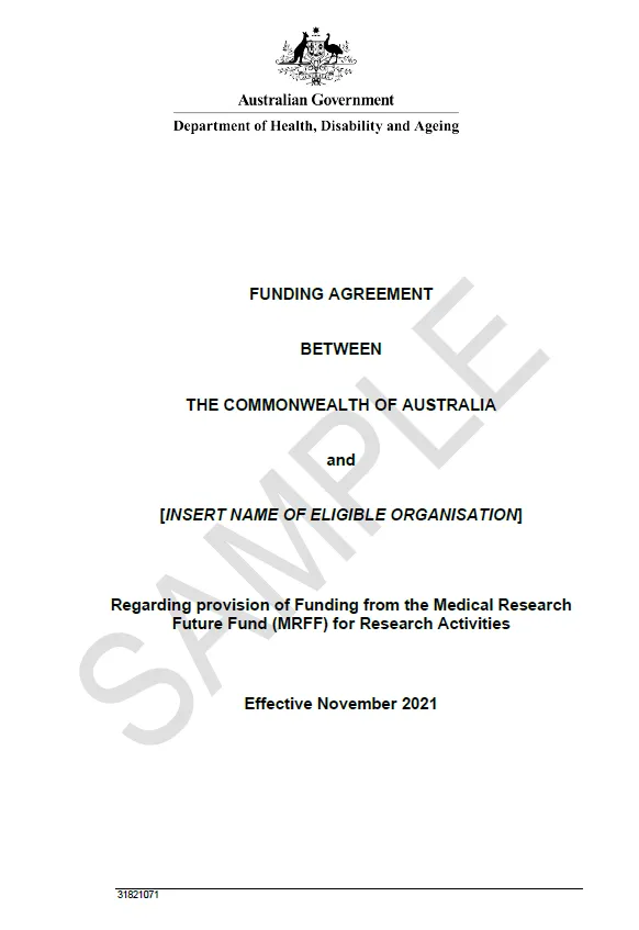 MRFF sample grant agreement – NHMRC-administered grants cover page