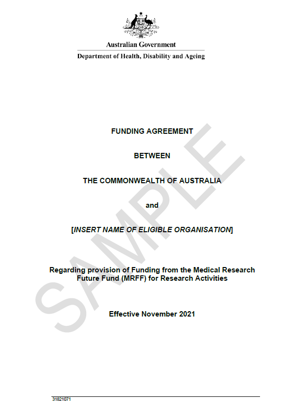 MRFF sample grant agreement – NHMRC-administered grants cover page