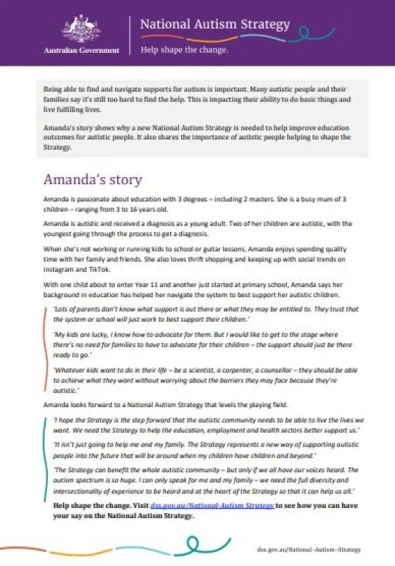 National Autism Strategy – Amanda's story cover page