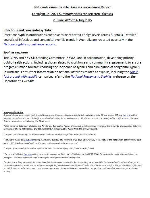 National Notifiable Diseases Surveillance System (NNDSS) fortnightly reports cover page