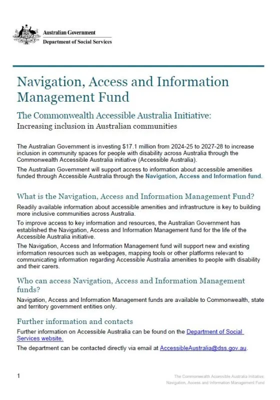 The Commonwealth Accessible Australia Initiative – Navigation, Access and Information Management Fund Cover page