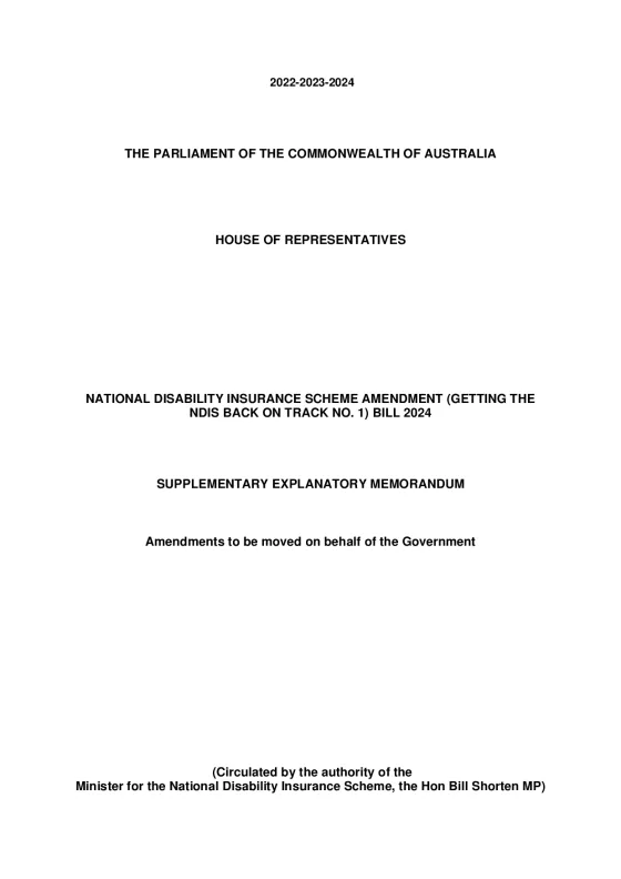 NDIS Amendment (Getting the NDIS back on track no.1) Bill 2024 – Supplementary Explanatory Memorandum cover page