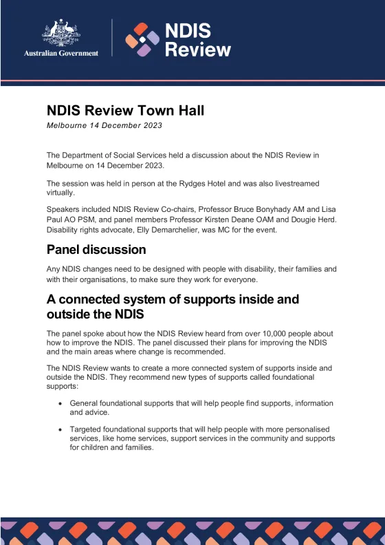 NDIS Review Town Hall – 14 December 2023 (Melbourne) cover page