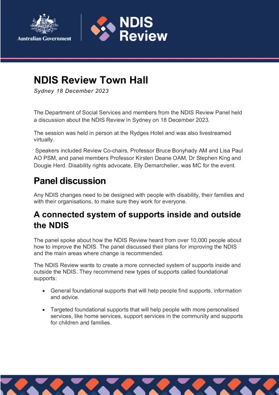 NDIS Review Town Hall – 18 December 2023 (Sydney) cover page
