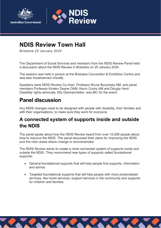 NDIS Review Town Hall – 25 January 2024 (Brisbane) cover sheet